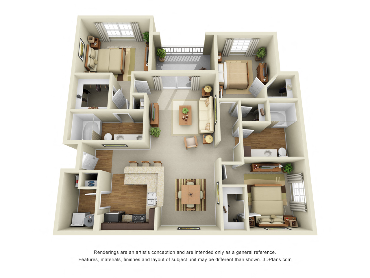 Floor plan for 3 beds, 2 baths, 1352 sqft